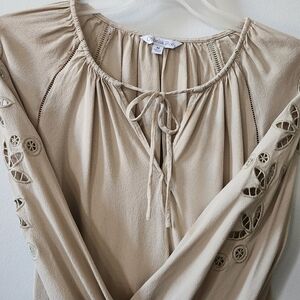 Ophelia Roe Womens Shirt Top Beige Embroidery Cutouts Blouse Boho Hippie Peasant